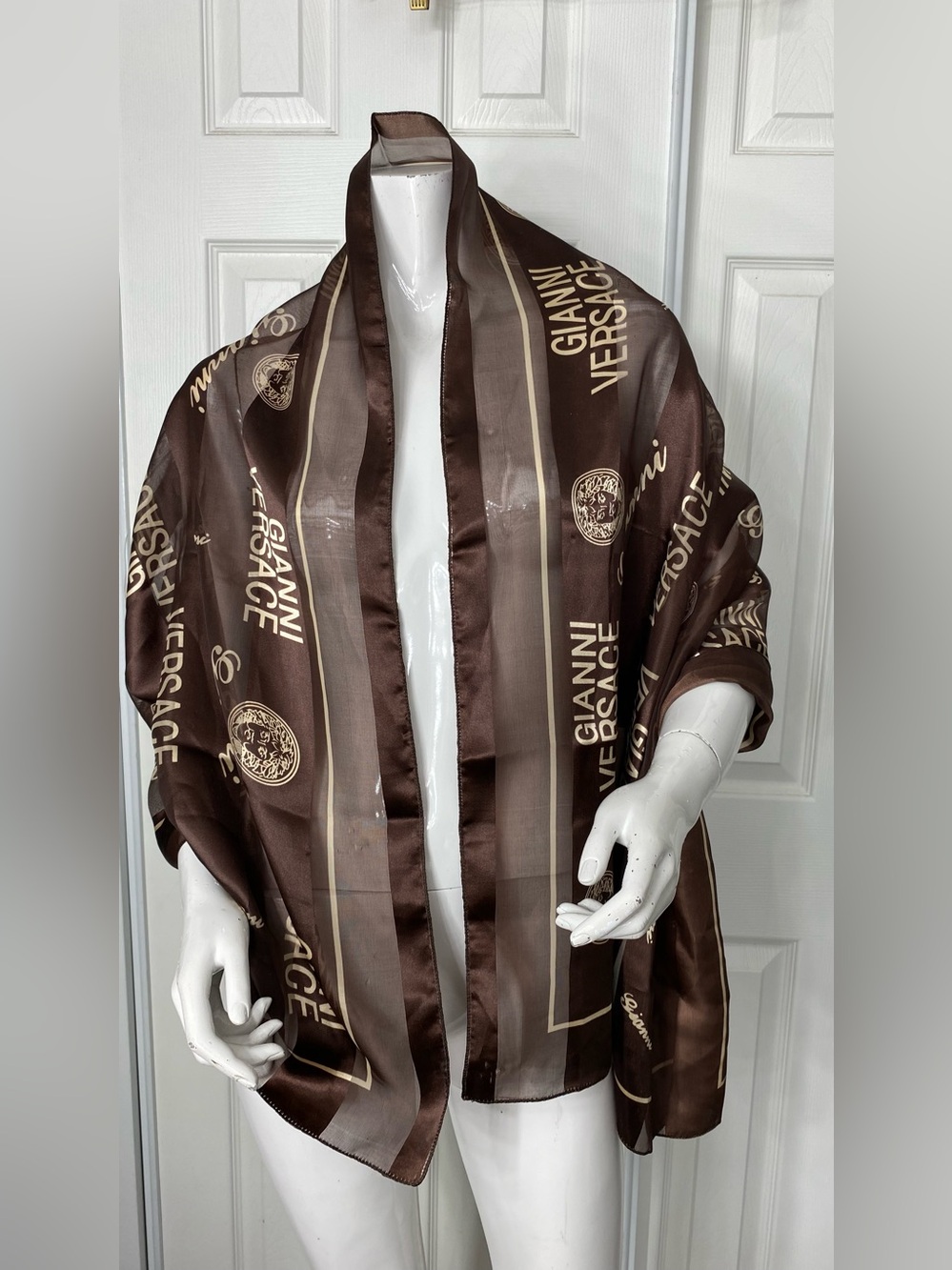 Versace Brown and Gold Logo Silk Wrap